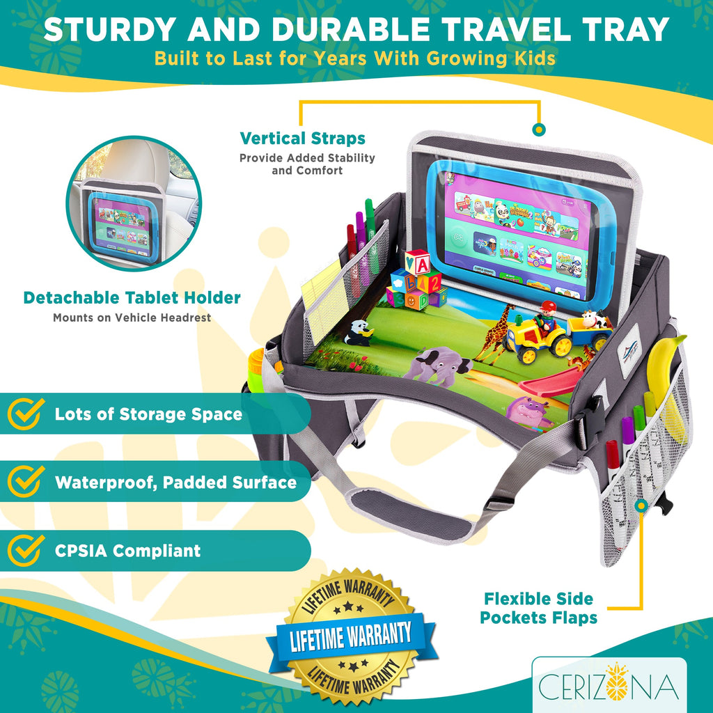 Cerizona Travel Lap Desk - Portable Lap Desk for Car, Remote Work, Trips, School - Storage Pockets, Laptop Tablet Sleeve, Cup Holder, Adjustable